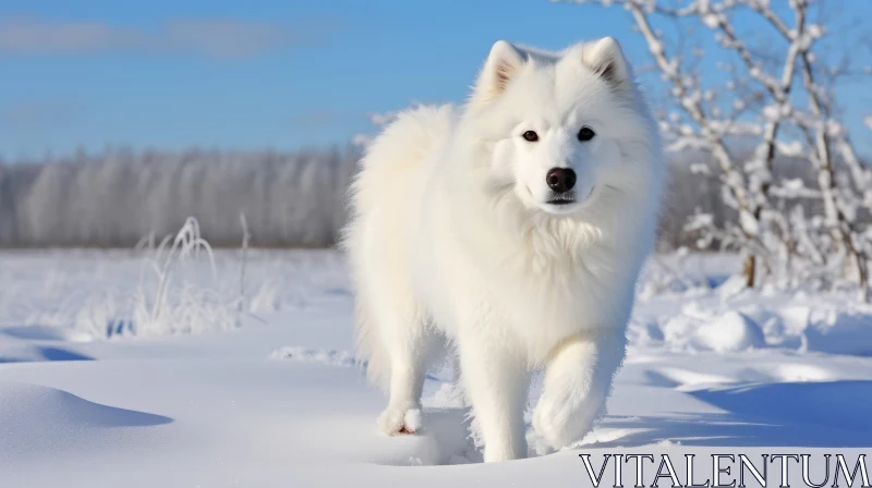 White Samoyed Puppy Walking in the Snow - A Serene Wildlife Scene AI Image