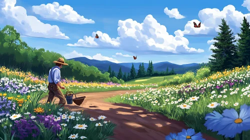 Man in a Blooming Meadow Landscape