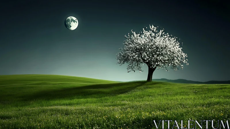 Lone Tree Under Moonlight AI Image