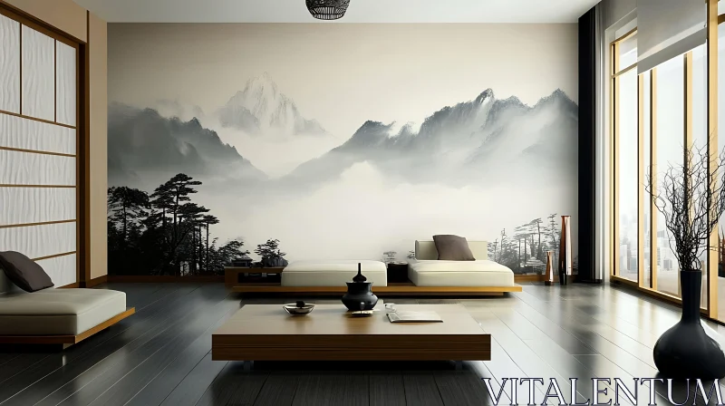 Minimalist Room with Landscape Mural AI Image