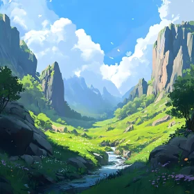 Green Valley and Mountains Landscape Art