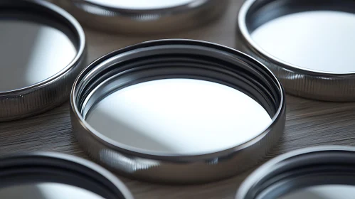 Reflective Metallic Circles on Wooden Surface