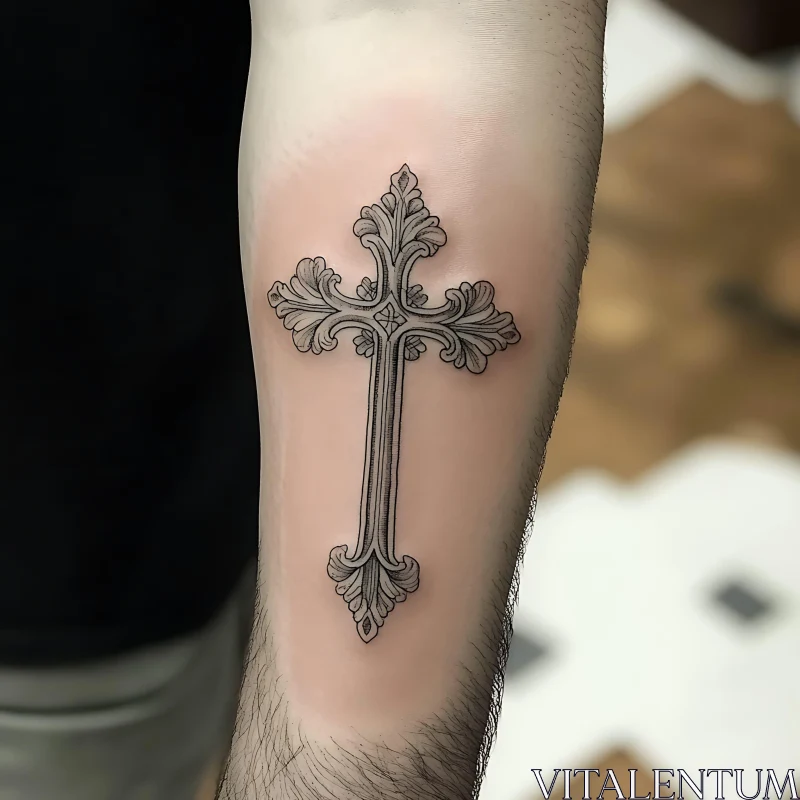 Ornate Cross Tattoo Design on Forearm AI Image