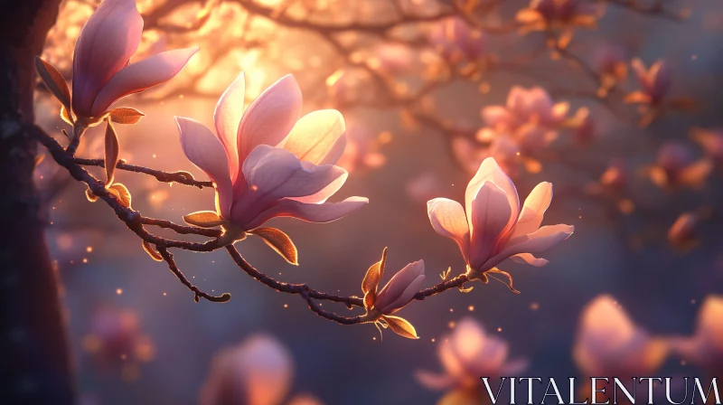 Warm Light on Magnolia Flowers AI Image