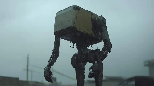 Weathered Robot in Urban Rainscape