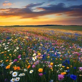 Vibrant Flower Field at Sunset