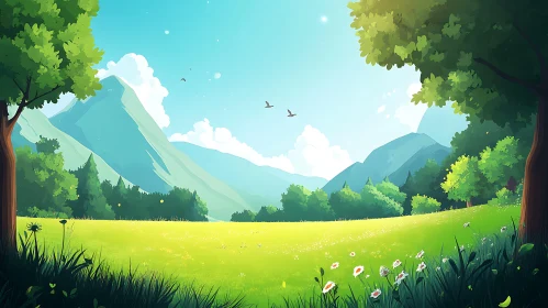 Green Meadow and Mountain Scenery