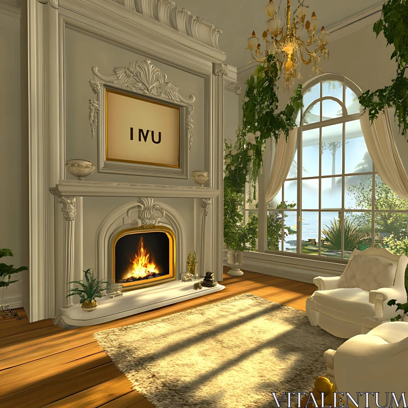 AI ART Sunlit Living Room with Ornate Fireplace