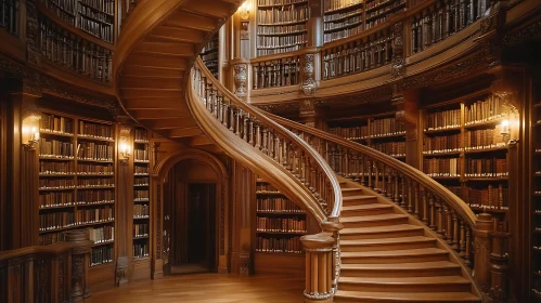 Library Interior with Winding Wooden Staircase