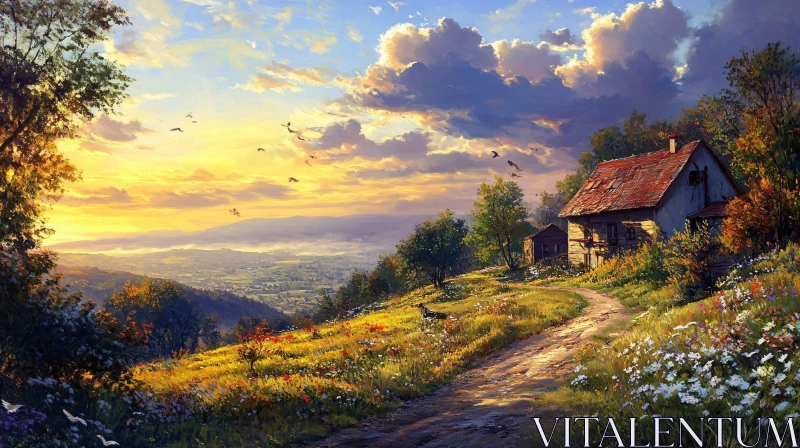 Tranquil Countryside Home at Dusk Artwork AI Image