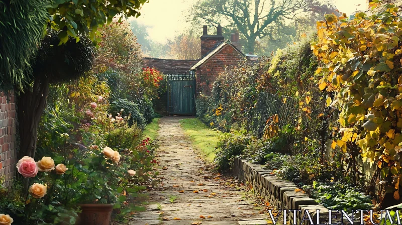 Tranquil Garden Pathway with Brick Cottage AI Image