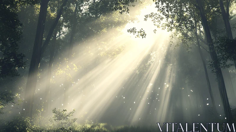 AI ART Misty Woods with Sunlight Filtering Through Canopy