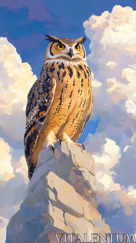 AI ART Owl on Rock with Cloudy Background