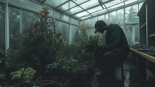 Contemplative Gardener in Misty Greenhouse