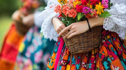 Woman with Flowers in Woven Basket