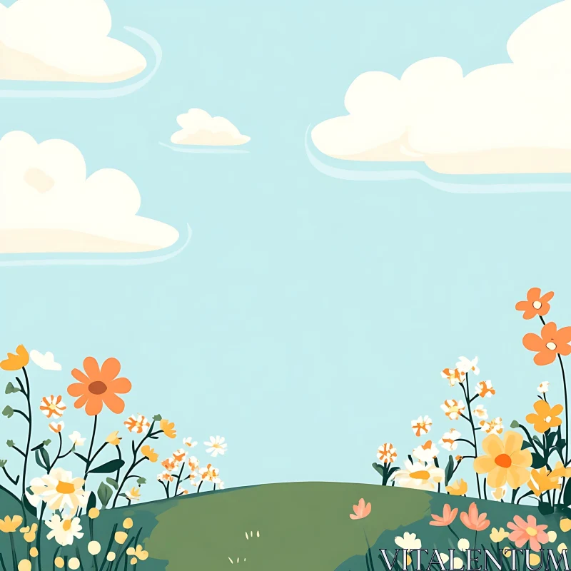 Cartoon Flower Field Under a Blue Sky AI Image