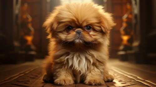 Cute Pekingese Puppy with Expressive Face Sitting Indoors