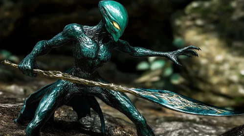 Teal Alien Ready for Battle