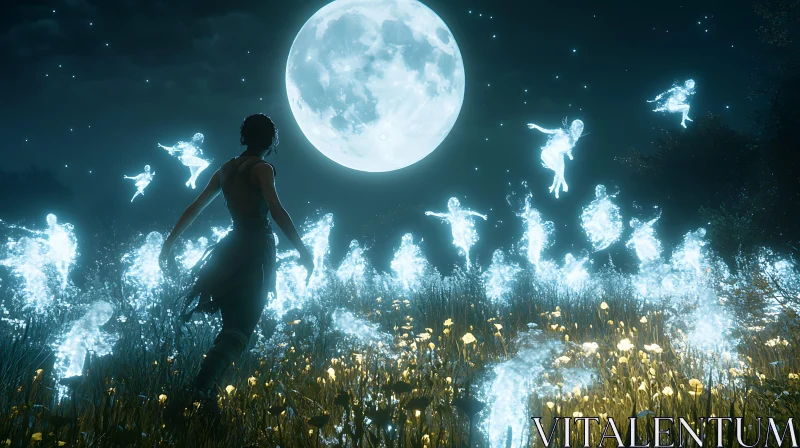 Moonlit Field with Woman and Glowing Figures AI Image