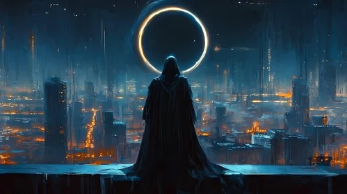 Mysterious Figure Overlooking a Neon Cityscape