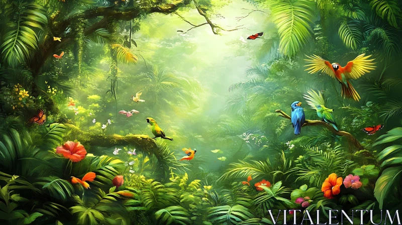 AI ART Tropical Jungle Scene with Exotic Birds
