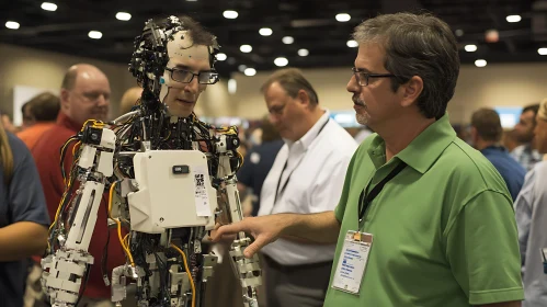 Robot and Man Chatting at Tech Fair