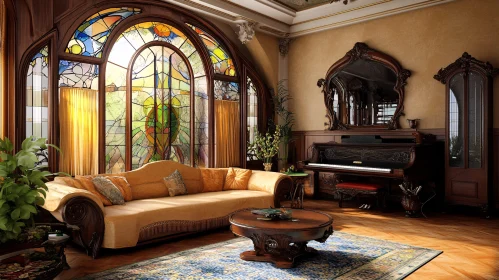 Vintage Interior with Piano and Sofa