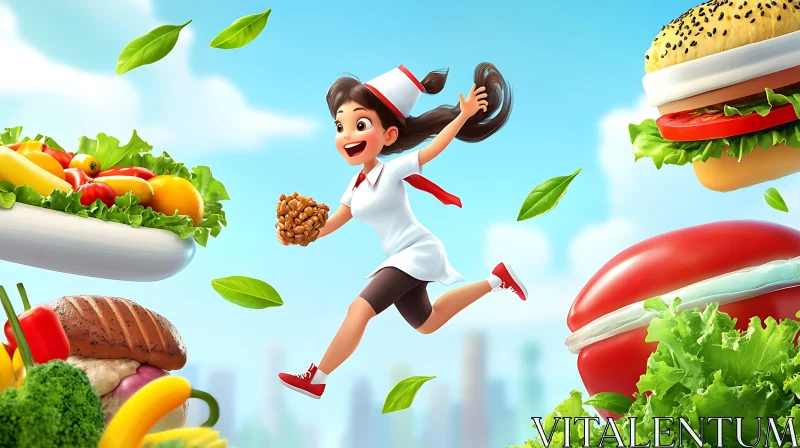 Cartoon Chef Amidst Giant Food Items AI Image