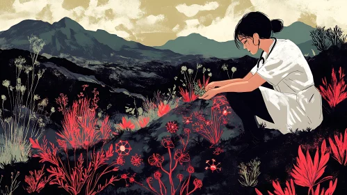 Woman Nurturing Nature's Red Blooms