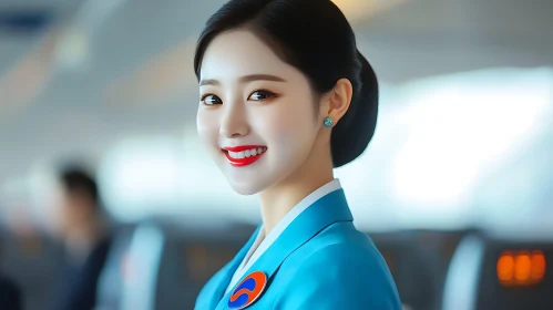 Smiling Woman in Flight Attendant Uniform