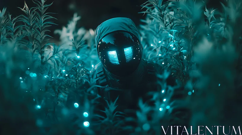 AI ART Futuristic Figure in Teal Foliage