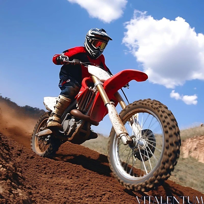 Red Dirt Bike Under Blue Sky AI Image