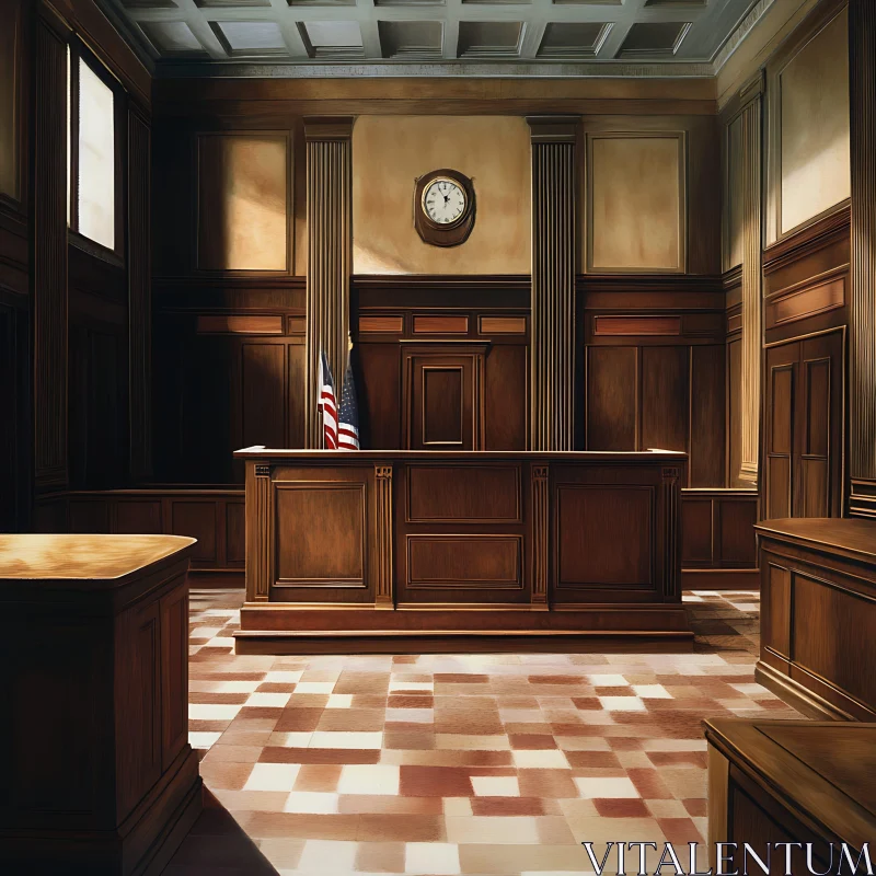 AI ART Traditional Courtroom with Wood Paneling and Flag