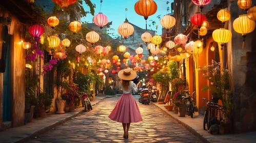 Woman Walking Under Lanterns