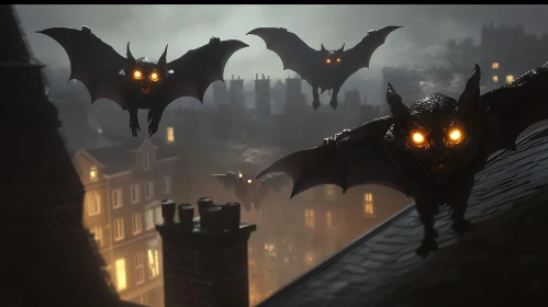 Gothic Bats Soaring Over Gloomy Cityscape