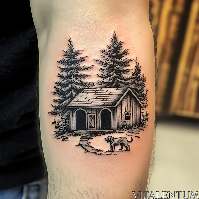 Serene Forest Cabin Tattoo with Dog AI Image