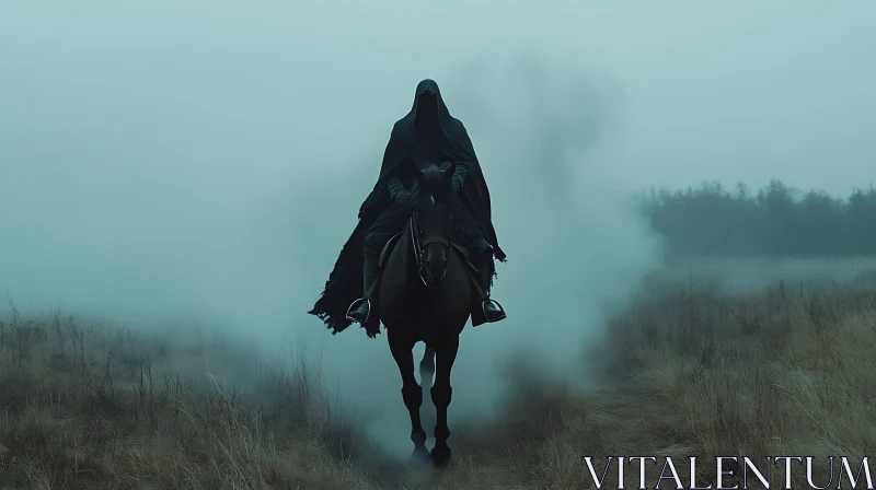 Cloaked Rider in Misty Field AI Image