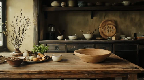 Wooden Table in Rustic Kitchen Interior