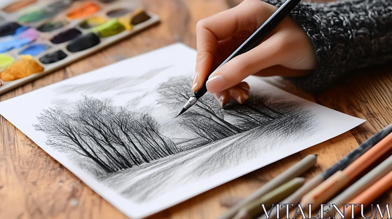 Detailed Pencil Sketch of Trees by an Artist AI Image