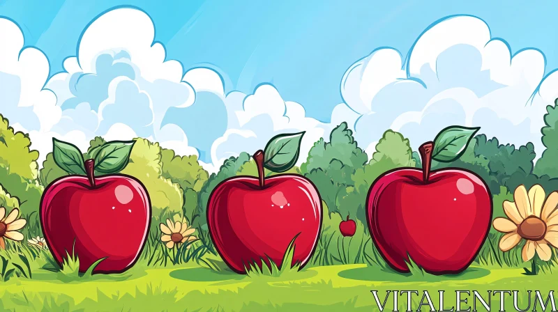 AI ART Cartoon Apples in Sunny Meadow