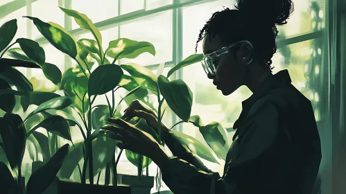 Woman and Plants in a Green Room