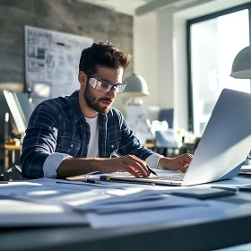Man in Glasses Using Laptop at Desk