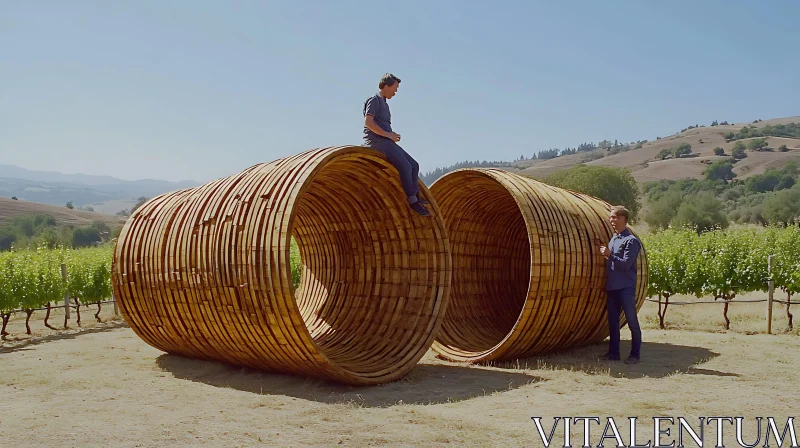 Cylindrical Wooden Installation in Scenic Vineyard AI Image