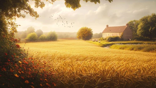 Idyllic Countryside Scene with Wheat Field