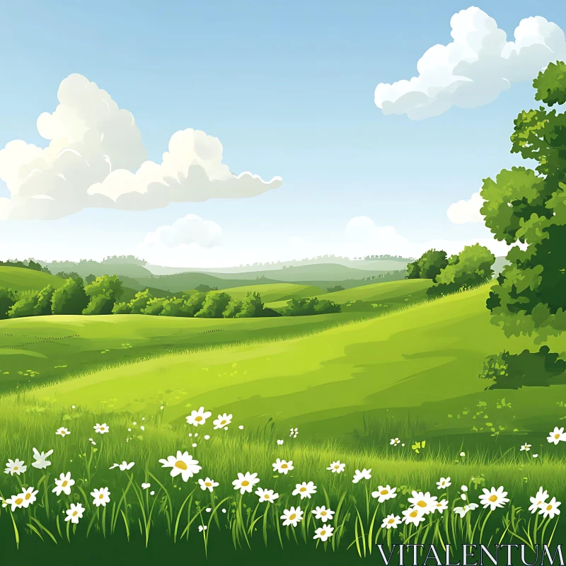 AI ART Cartoon Green Field and White Flowers