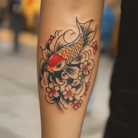 Stunning Arm Tattoo: Koi Fish and Cherry Blossoms