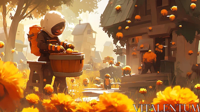 Golden Harvest: Astronaut in Floral Village AI Image