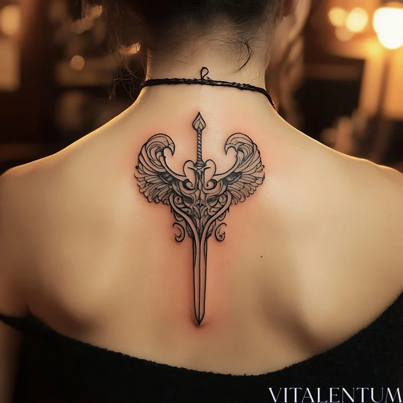 Intricate Sword Tattoo with Wing-like Design AI Image