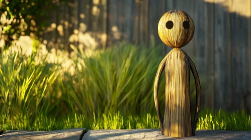 Rustic Wooden Figure Amidst Greenery