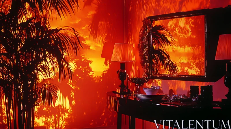 AI ART Tropical Interior with Red Lighting